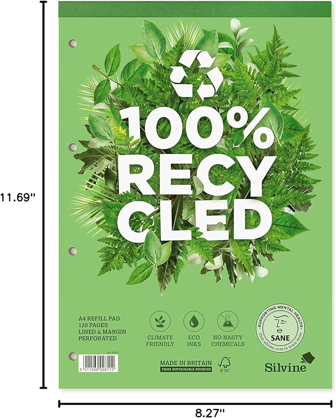Silvine A4 Premium Recycled Refill Pad. Lined with Margin,White, 120 Pages of 100% Recycled Paper. Ref R101
