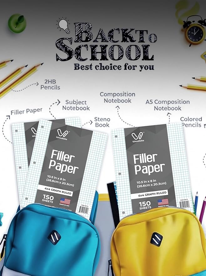 Notebook Paper USA-Made Loose Leaf Paper, 24 Pack 3600 Sheets 8"x10.5" Quad Ruled - 3-Hole Punched Bulk Filler Paper for 3-Ring Binder, 150 Sheets/Pack, Wholesale Available