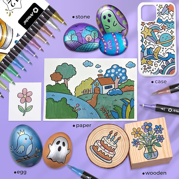 Artecho Acrylic Paint Markers 12 Metallic Colors, for Stone, Rock Painting, Paper, Pumpkin, Wood, Egg, Canvas, Ceramic, Fabric, leather, Glass, DIY Crafts