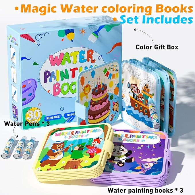 BATHKITS Reusable Water Painting Book for Kids - 3 Pack Magic Water Coloring Books with Water Pens, Fairy Tale, Animal & Space Themes | No Mess Paint, Travel Activity Toy, Gift Box, 30 Pages, Ages 3+