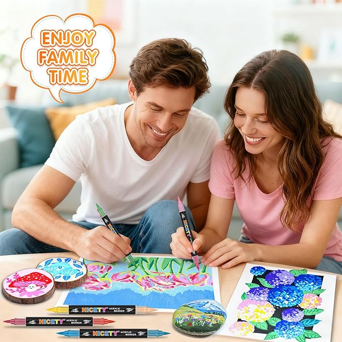 NICETY 72 Colors Dual-Tip Acrylic Paint Markers – 36 Double-Color Brush Pens with 1–5mm Flexible Tips, Water-Based Quick-Dry Non-Toxic Paint Pens for Rock Wood Glass Ceramic Metal Fabric Canvas