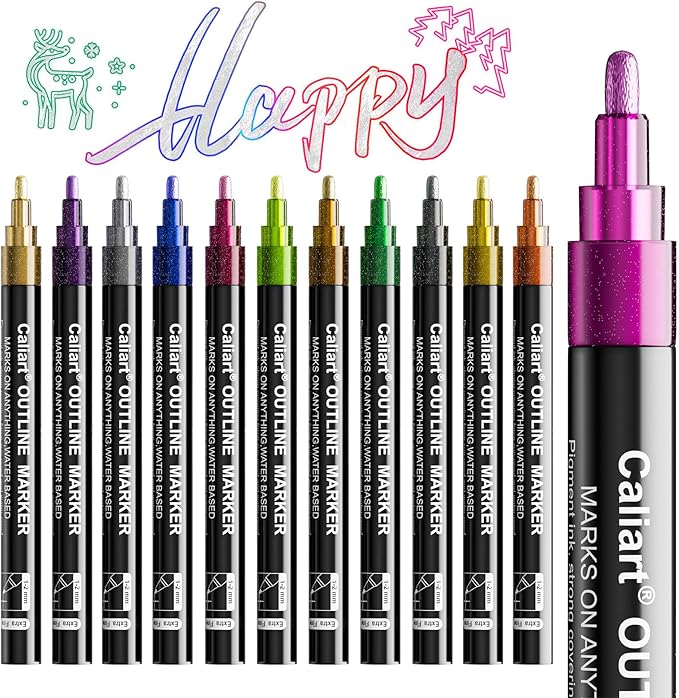 Caliart 12 Colors Outline Markers Shimmer Glitter Pens, Cool Fun Craft Metallic Drawing Marker Set, Trendy Stuff Art Supplies Gifts for Artists Teen Kids Girls Adults