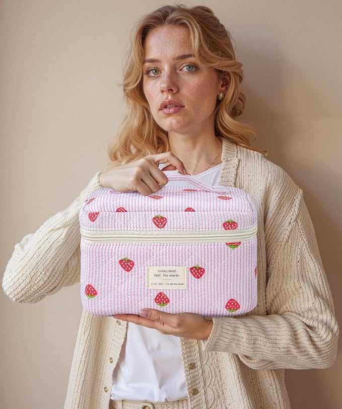 HBselect Quilted Makeup Bag, 3Pcs Cotton Large Travel Makeup Bags Organizer | Cute Floral Make up Bag Cosmetic Bag Toiletry Bag for Women Girls, Makeup Pouch for Skincare, Brushes & Travel Essentials