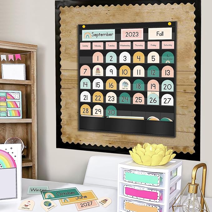 Eamay Boho Calendar Pocket Chart with 90 Cards for Kids Learning,Classroom and Home School Décor,Black