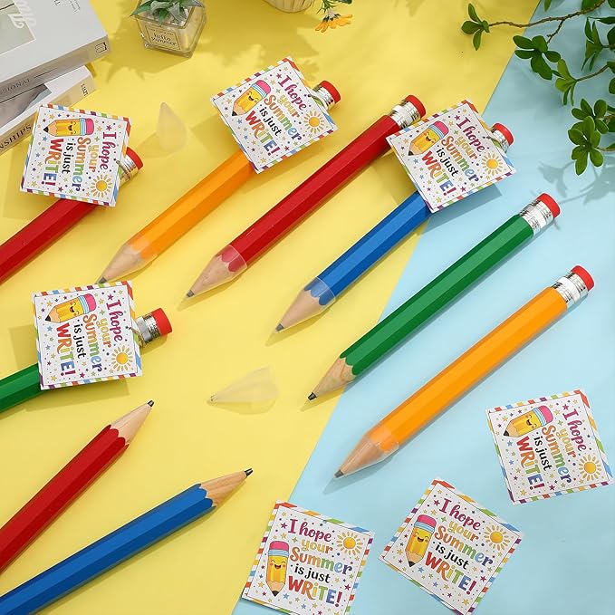 24 Sets End of the Year Student Gifts 13 Inch Big Wooden Jumbo Pencils Set of Giant Pencil Prop with Summer Greeting Card Large Pencils with Cap Preschool Kindergarten Graduation Gift
