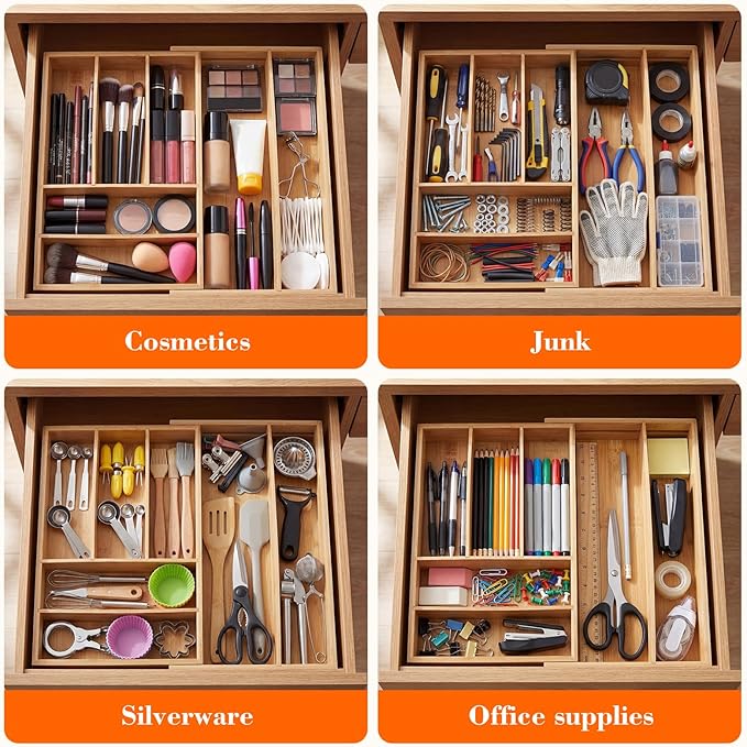 Briwooody Bamboo Sliding Desk Drawer Organizer 9.4'' up to 18'' x 15'' x 2'' Expandable Office Desk Accessories Supplies Tray with 7 Compartments for Pens, Notebooks, Rulers, and Makeup Jewelry Vanity