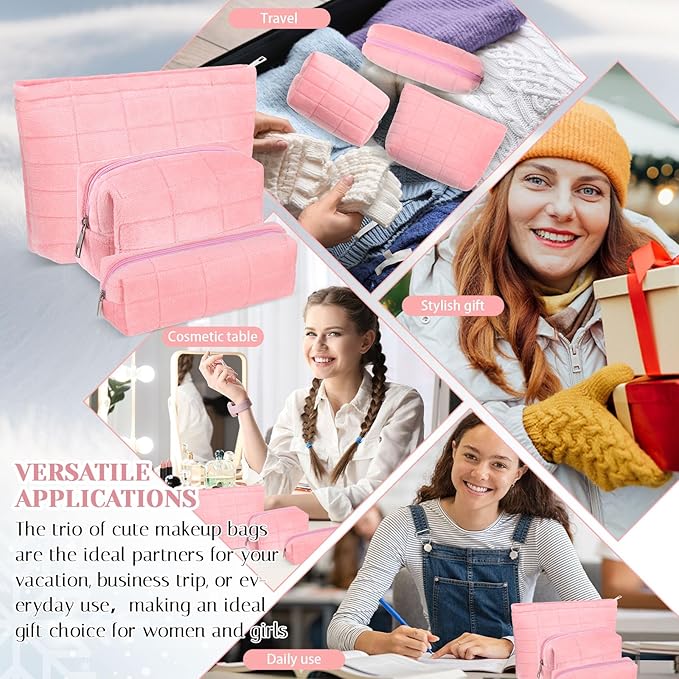 Huhumy 3 Pcs Puffy Makeup Bag Set Quilted Plush Emergency Pouch for Women Cute Checkered Travel Toiletry Bag Puffer Aesthetic Makeup Organizer Cosmetic Purse Pouch Preppy Pencil Case(Pink)