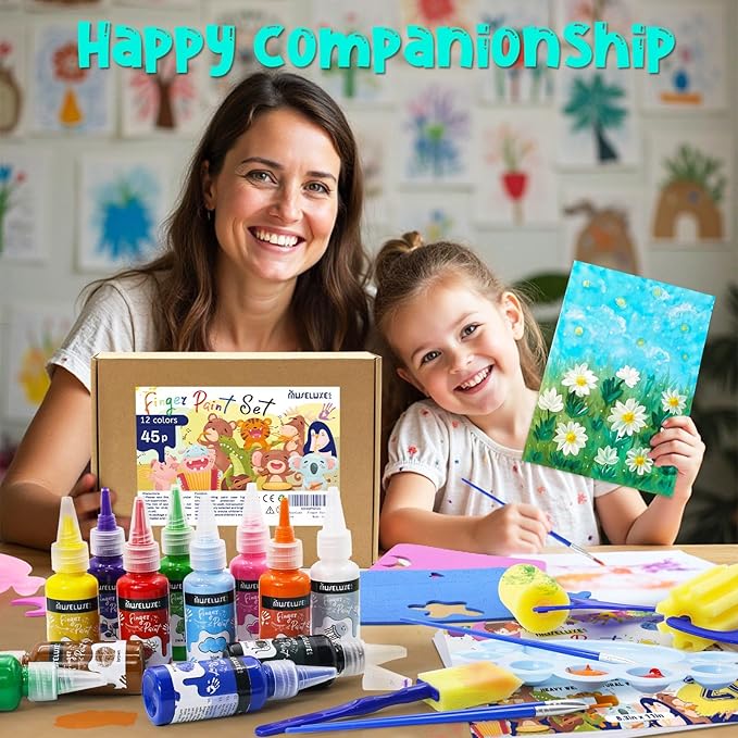 88 PCS Washable Finger Paint Set for Toddlers , 14 Colors Kids Paint Kit with Finger Paint Paper, Brushes, Rolling Tools, Cute EVA Templates, Waterproof Aprons & Palette — Non-Toxic Toddler Painting Set