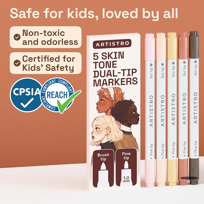 ARTISTRO 5 Skin Tones Dual-Tip Acrylic Paint Markers – Paint Pens Set with Dot & Fine Tips for Fabric, Rock, Glass, Wood, Coloring Books – Arts & Crafts Gift – Classroom Must Haves & School Supplies