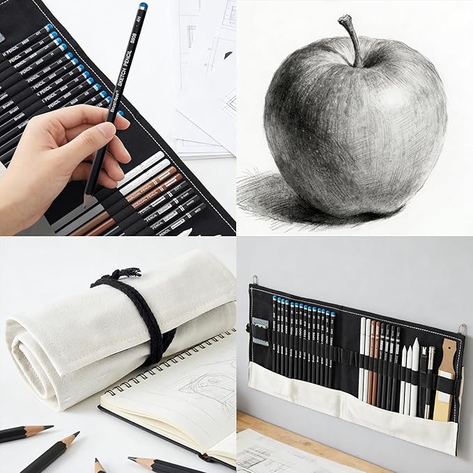 Professional Sketching Pencil Set with Full Hardness Range (3H–14B) – Graphite & Charcoal Pencils with Portable Canvas Pouch