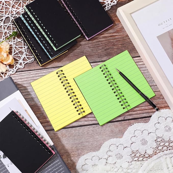 Jutom 10 Pcs Small Spiral Notebook Memo Pad 3x5, Black Cover 5 Color Page