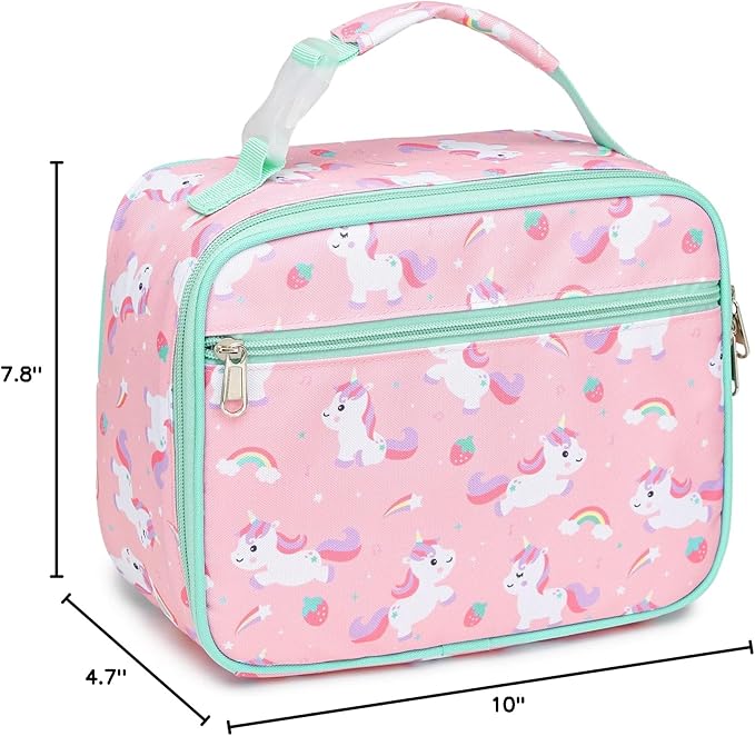 Bagseri Kids Lunch Bag Girls - Thermal Insulated Lunch Box Tote with Water Bottle Holder, Reusable Leak-Proof Kids Lunch Box for Daycare & School, Pink Cute Unicorn (Containers Not Included)