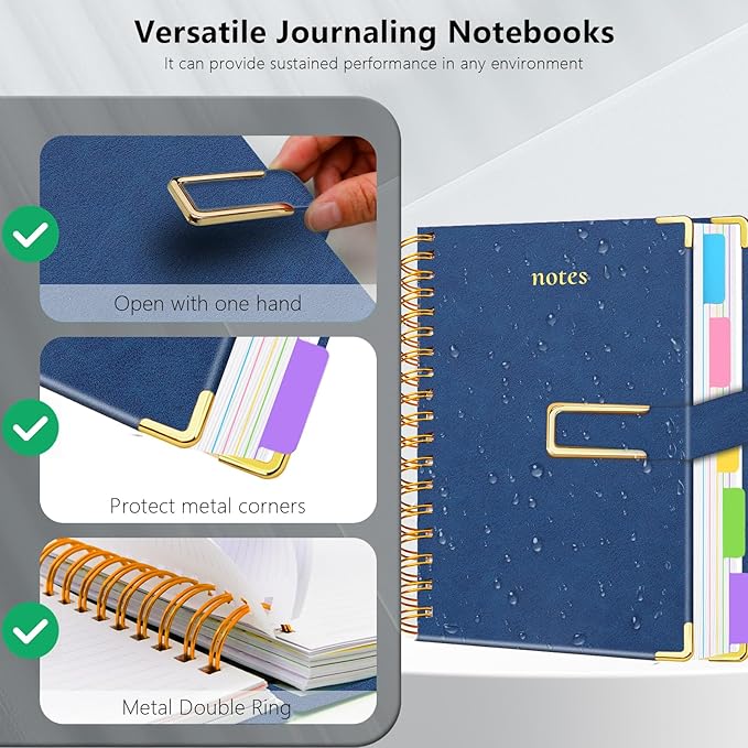 Hardcover Spiral Notebook College Ruled, 6.2"x 8.2" Leather Journal Notebook with Magnetic Closure, 300 Pages 5 Subject Notebook with Dividers Tabs Journal for Women Men, Work, School(Dark Blue)