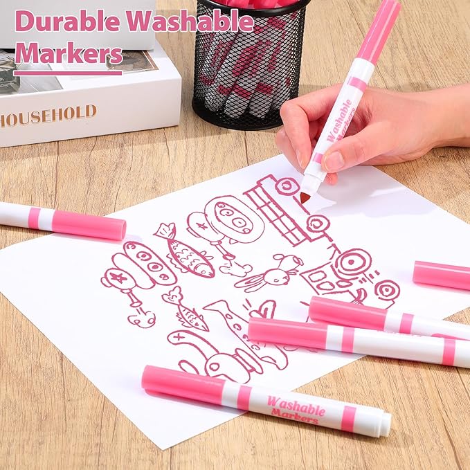 36 Pcs Pink Washable Markers Bulk Coloring Broad Line Markers for Kids Pink Conical Tip Drawing Pen for Christmas,School Supplies, Travel Art Baby Shower Gender Reveal Party Supplies, Ages 6+