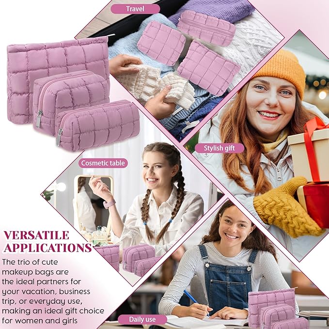 Huhumy 3 Pcs Puffy Makeup Bag Quilted Cosmetic Pouch for Women Cute Checkered Travel Toiletry Bag Puffer Makeup Organizer Purse Pouch Preppy Pencil Case with Zipper(Nude Pink)