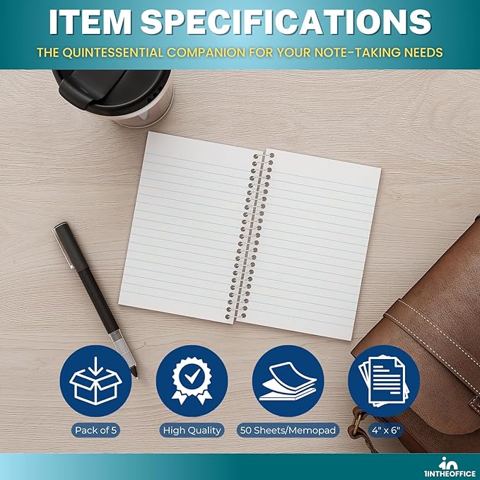 1InTheOffice Notepads 4x6 College Ruled, Assorted colors, 50 sheets/pad, 5 pack