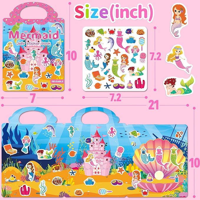 3 Sets Reusable Sticker Book for Toddlers 3-6, Jelly Sticker Books for Toddler, Travel Sticker Activity Toys for Kids 3 4 5 6 Years Old Girls(Princess+Mermaid+Elves World)