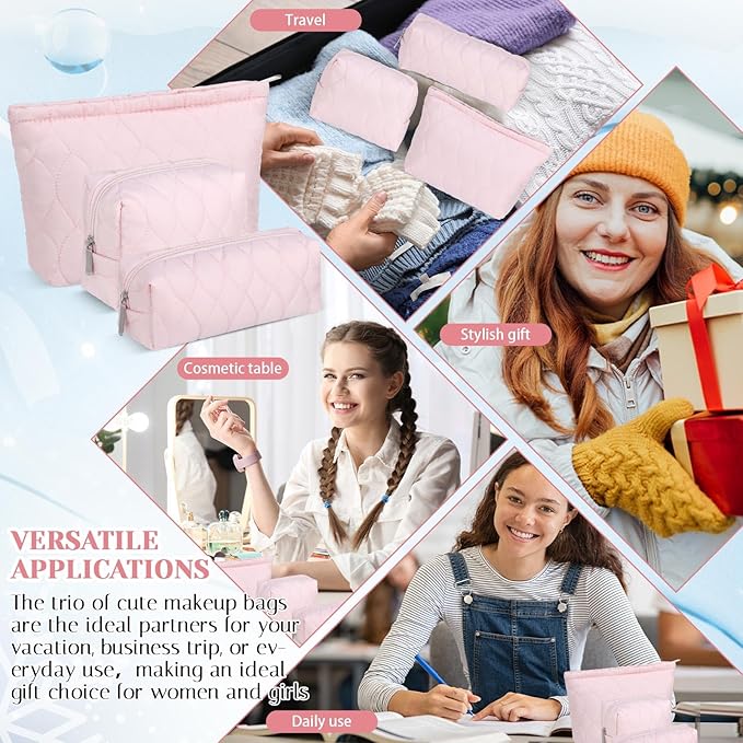 Huhumy 3 Pcs Puffy Makeup Bag Quilted Cosmetic Pouch for Women Cute Water drop Travel Toiletry Bag Puffer Makeup Organizer Purse Pouch Preppy Pencil Case with Zipper(Light Pink)
