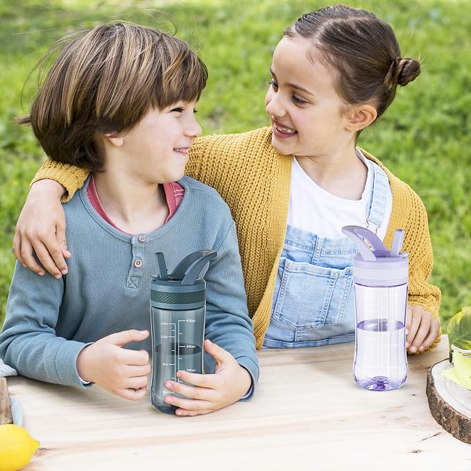 14oz Clear Kids Water Bottle with Straw Lid, BPA-Free Tritan, Measurement Scale, Sturdy Handle Wide Mouth Leak-proof Reusable Plastic Bottle for Boy& Girls, Back to School(Dark blue)