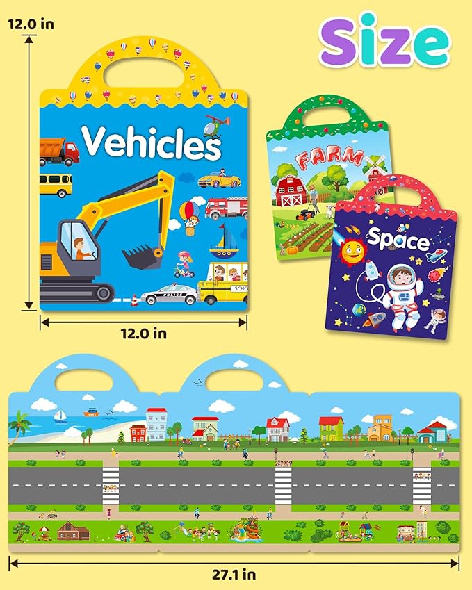 Benresive Reusable Sticker Book for Toddlers, Stickers for Kids, Travel Toys for Arts & Crafts Activities, Birthday Gift for Boys & Girls, Farm, Space and Vehicle Themes