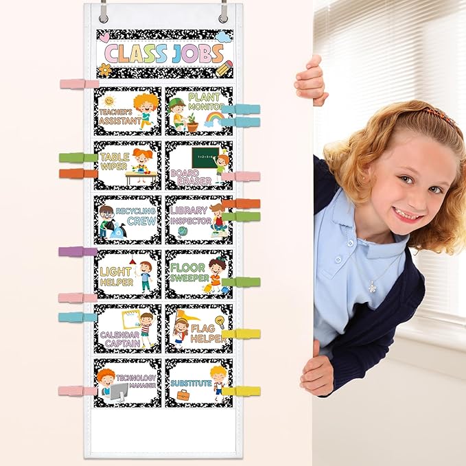 JarThenaAMCS Composition Notebook Class Jobs Pocket Chart Back to School Class Management Teacher's Helpers Pocket Chart with Clips Card for Preschool Classroom Must Haves Daily Schedule Supplies
