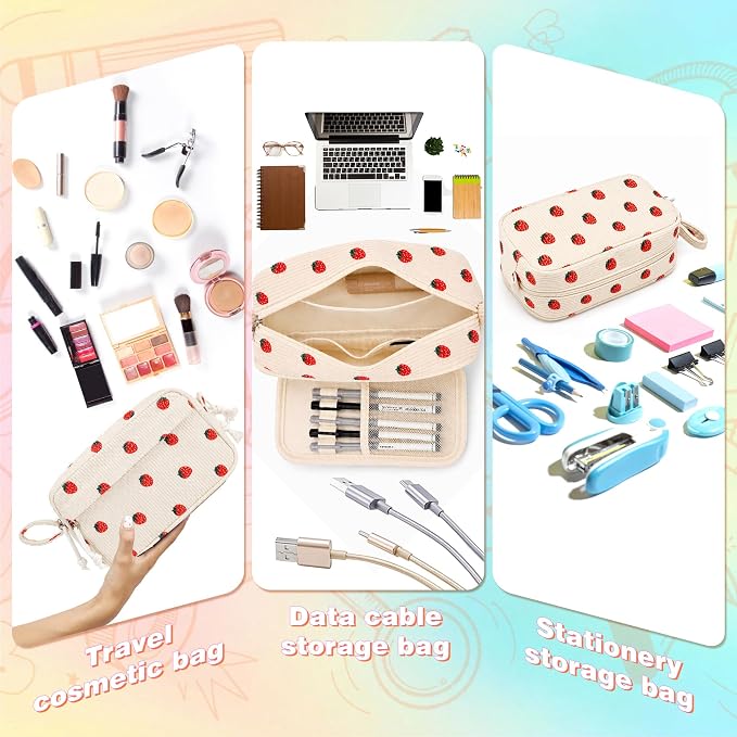Big Capacity Pencil case,Soft Corduroy Pencil Bag with 3 Compartment,Pencil Pouch School Supplies Cute Pencil Box Pencil Bag for Teen Girls Boys College (Strawberry)