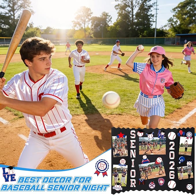 Resurhang 4 Set 24''x16'' Baseball Senior Night Gifts Senior 2026 Trifold Poster Board Photo Display Board with 12 Sheet Sports Themed Stickers for Graduation Picture Frame Sport Theme Party Supplies