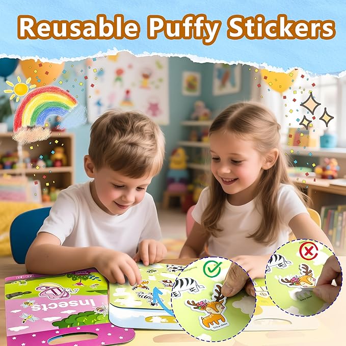 Reusable Sticker Books for Toddlers 1-3, Puffy Stickers Book for Kids Ages 2-4, Toddler Travel Essential Activities Toys for Boy Girl Birthday Christmas - Dinosaur, Animal and Insect (3 Set)