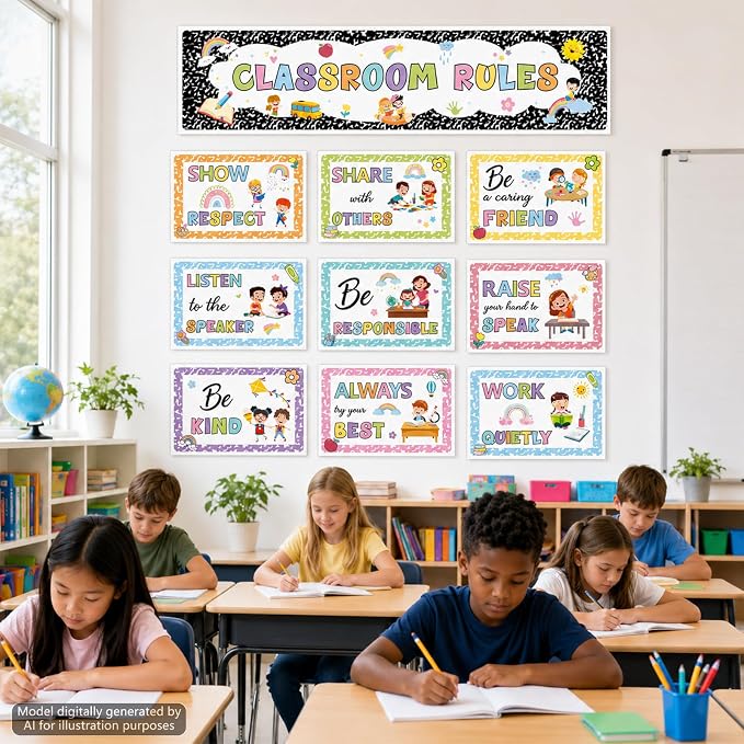 Classroom Rules Bulletin Board Set Colorful Composition Notebook Classroom Rules Paper Cutouts Motivational Educational Behavior Posters Wall Decor for Back to School Wall Door Decor Teacher Supplies