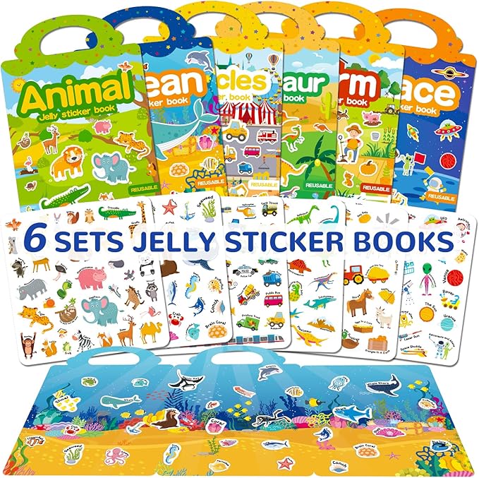 6 Sets Reusable Sticker Book for Toddlers 3-6, Jelly Stickers Book for Kids, Travel Sticker Activity Toys for Childs 3 4 5 6 Years Girls & Boys Best Gifts