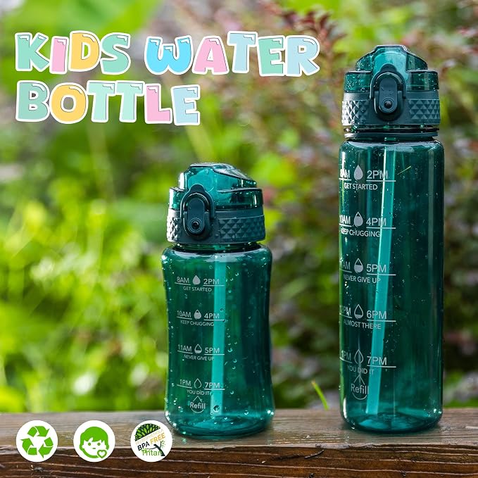 OLDLEY 12oz Kids Water Bottle, Tritan BPA-Free, Leakproof Flip Straw Lid, Motivational Time Marker, Carry Strap, Reusable Clear Water Bottle for Boys & Girls,Trout Green