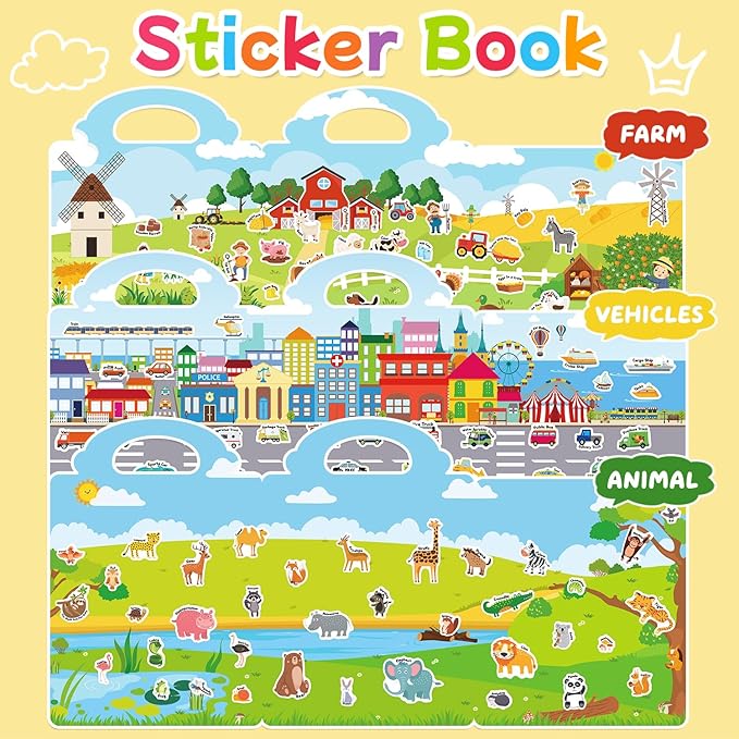 3 Sets Reusable Sticker Book for Toddlers 3-6, Jelly Sticker Books for Toddler, Travel Sticker Activity Toys for Kids 3 4 5 6 Years Old Girls & Boys(Farm + Vehicles + Animal)