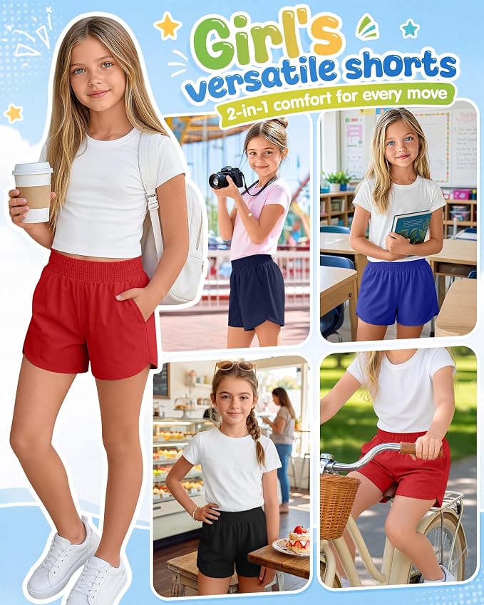 4 Pack Girls Athletic Shorts 2 in 1 Quick Dry High Waist Tween Shorts with Liner Kids Back to School Running Shorts
