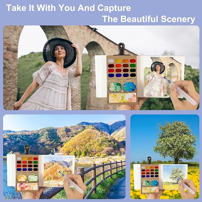 Mini Watercolor Paint Set,Travel Watercolor Set,Portable Watercolor Kit,Pocket Artist Water Color Travel Set with Include Paint, Brush and Picture Album for Beginners Artists Painting Enthusiasts