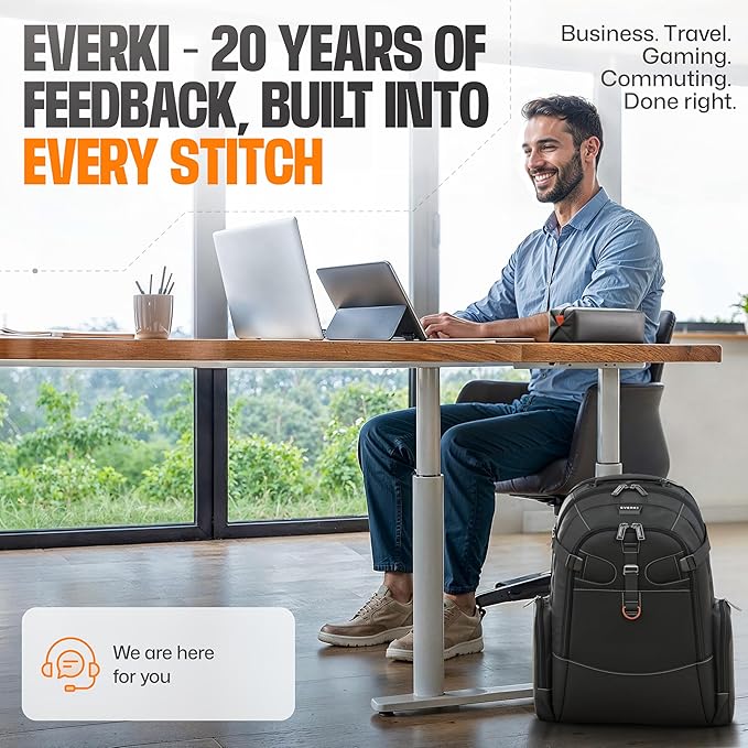 EVERKI Business 120 Laptop Backpack 40L with Rain Cover - Large Compartment Fits Up To 18.4", Travel Friendly Lightweight Business & Office Bag, 180° Fold-Out Design, Multiple Padded Pockets, Black