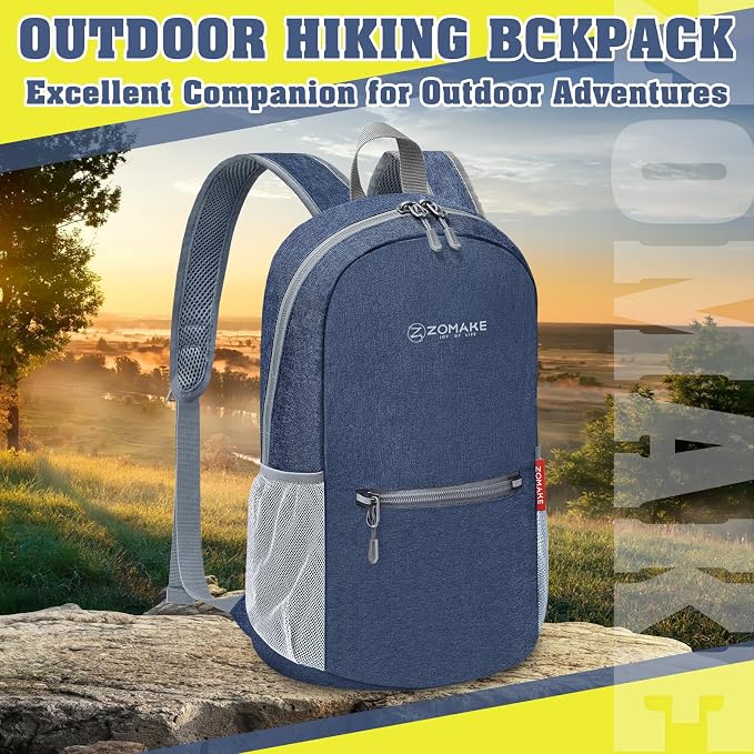 ZOMAKE Lightweight Packable Backpack, 10L Small Foldable Daypack for Hiking | Water Resistant Collapsible Backpacks for Women Men, Everyday Carry, Multi Compartment Storage,Adjustable Strap(Navy Blue A5)