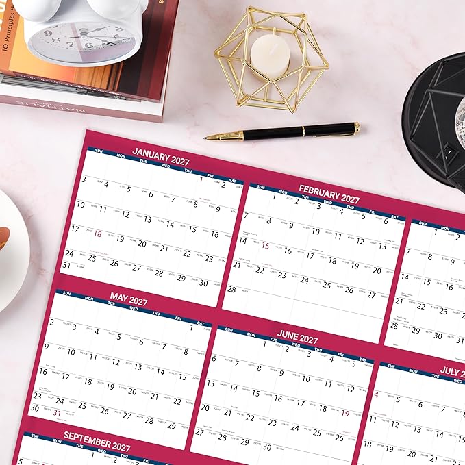 2027 Dry Erase Calendar for Wall - Dry Erase Wall Calendar 2027, Jan. 2027 - Dec. 2027, 34.6" x 22.9", Yearly Wall Calendar 2027, Wet & Dry Erase Laminated, Vertical/Horizontal, Reversible - Red