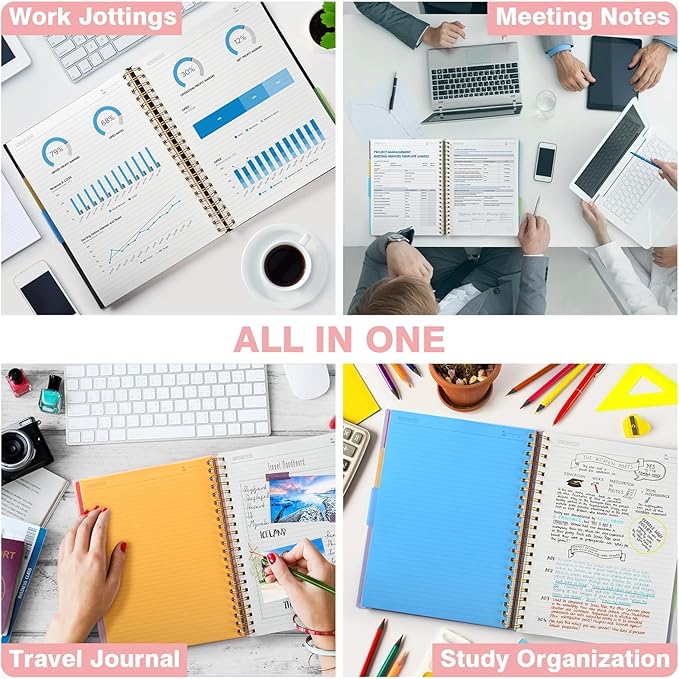 5 Subject Notebooks College Ruled, Spiral Lined Notebook with Removable Dividers, 300 Pages 100GSM Thick Spiral Writing Journal for Women & Men, Large A5 Notebooks for Work, School Supplies, 6" x 8"