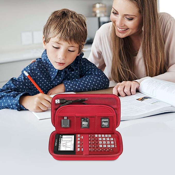 Elonbo Carrying Case for Texas Instruments TI-84 Evo/TI-84 Plus CE Evo Graphing Calculator, Extra Mesh Pocket Fits Charging Cable Charger Manual, Red