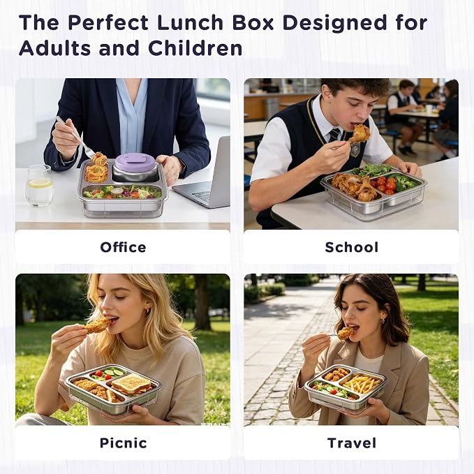 Stainless Steel Bento Lunch Box for Kids Adults with 8oz Insulated Food Jar,Ice Pack,Leak-proof,Dishwasher-Safe,Transparent Lid with Sauce Cup and Cutlery Storage for School & Travel,BPA-Free(Purple)