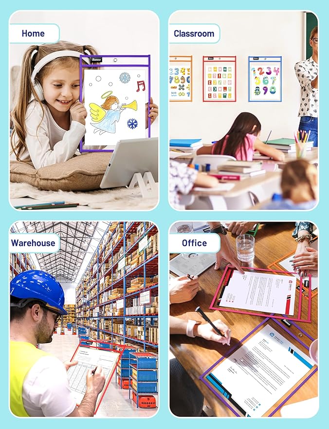 SUNEE 100 Packs Oversized Reusable Dry Erase Pocket Sleeves with 5 Rings, 10 Assorted Colors 10x14 Ticket Holders, Clear Plastic Sheet Protectors, Teacher School Classroom Supplies