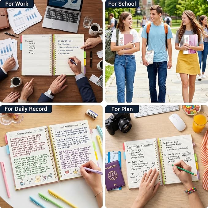 Hardcover Spiral Journal Notebook, 300 Pages 5 Subject Notebook College Ruled with Removable Dividers Tabs, 8" x 10" Notebooks for Work, Spiral Ruled Lined Writing Journal Hardcover Leather Notebook for School (Navy Blue Floral, 8''x 10'')