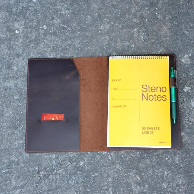 Leather Cover Compatible With 6" x 9" Spiral Steno Pads, Steno Notes 6" x 8.8" Spiral Notebooks Distressed Genuine A5 Leather Cover with Pen Loop DarkBrown