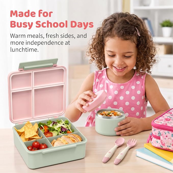 Bento Lunch Box with 8oz Soup Thermo, Kids Leakproof Lunch Food Containers with 4 Compartment, Kids Thermo Insulated Hot Food Jar for School, Trvael (Green-Pink)