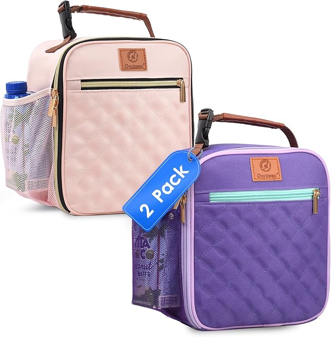Genteen Kids Lunch Box Lunch bag for Kids Girls Teen,Insulated Lunch Bag with Bottle Holder,Small Lunch Box Cooler Lightweight Reusable LunchBox for Work Office School Travel Picnic-Purple/Pink