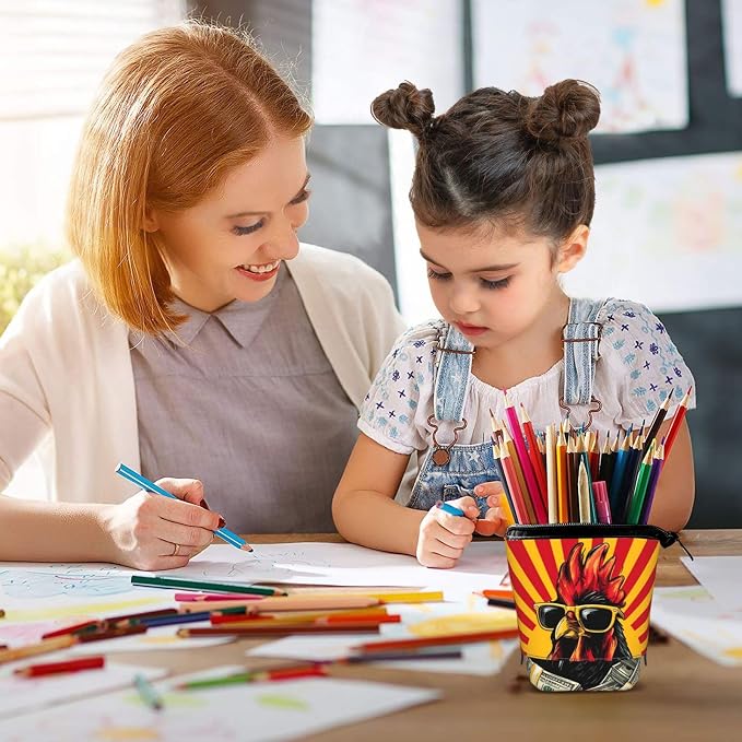 Funny Rooster Kids Standing Pencil Case Girls Boys Telescopic Stationary Pouch with Zipper Large Capacity Stand up Pen Bag Portable Makeup Holder for Children School Students Office Supplies