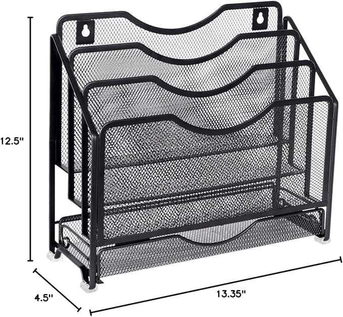 EasyPAG Mesh Desk Paper Organizer Wall Hanging File Holder with 3 Upright File Organizer and Sliding Drawer,Black