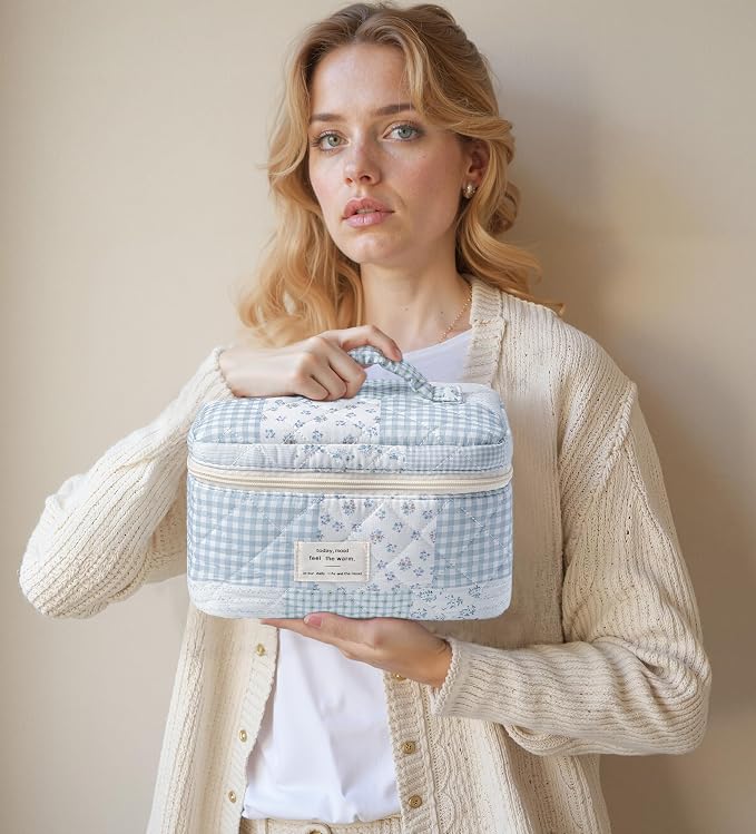 HBselect Quilted Makeup Bag, 3Pcs Cotton Large Travel Makeup Bags Organizer | Cute Floral Make up Bag Cosmetic Bag Toiletry Bag for Women Girls, Makeup Pouch for Skincare, Brushes & Travel Essentials