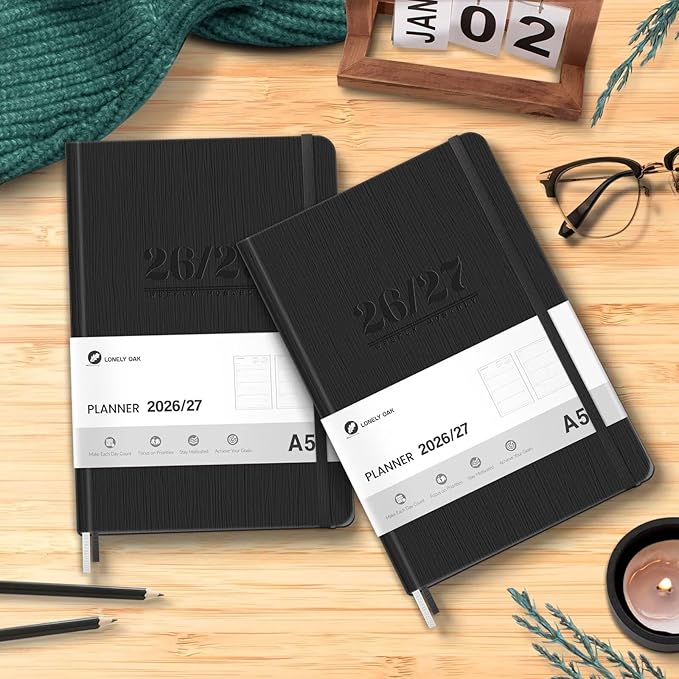 Lonely Oak Academic Planner 2026-2027, A5 Daily Weekly and Monthly Planner 5.75" x 8.4", 13 Months Faux Leather School Year Agenda from Jul.2026 to Jul.2027 for Student and Teacher (Black)