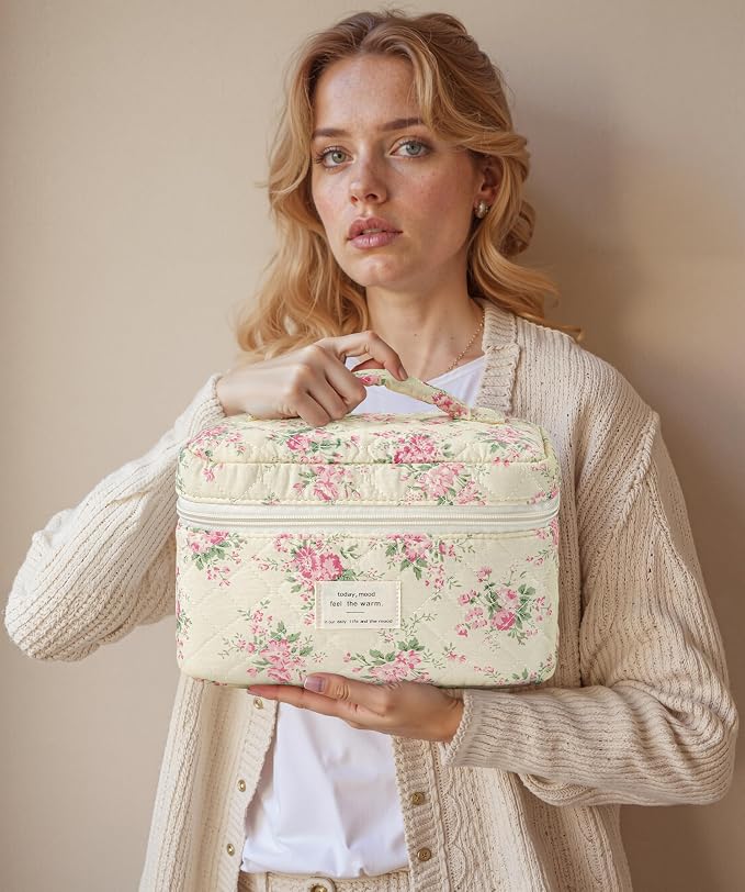 HBselect Quilted Makeup Bag, 3Pcs Cotton Large Travel Makeup Bags Organizer | Cute Floral Make up Bag Cosmetic Bag Toiletry Bag for Women Girls, Makeup Pouch for Skincare, Brushes & Travel Essentials